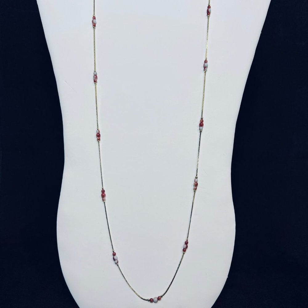 Gold Tone Triangle Chain Necklace With White And Maroon Beads